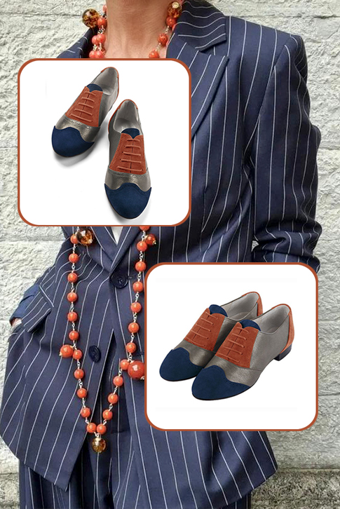 Navy blue, taupe brown and terracotta orange women's fashion lace-up shoes. Round toe. Flat leather soles. Top view - Florence KOOIJMAN